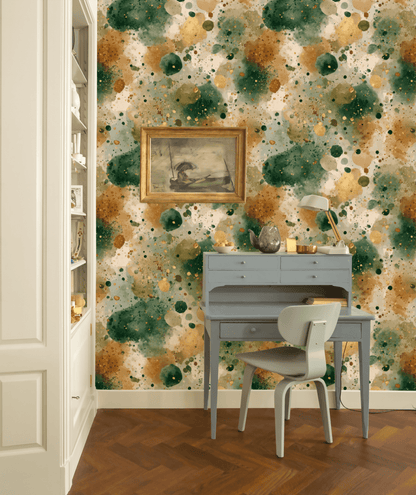 A Whimsical Earth small blue desk and chair sit against a wall with deep green and brown splatter wallpaper, beneath a framed painting, with shelves to the left.