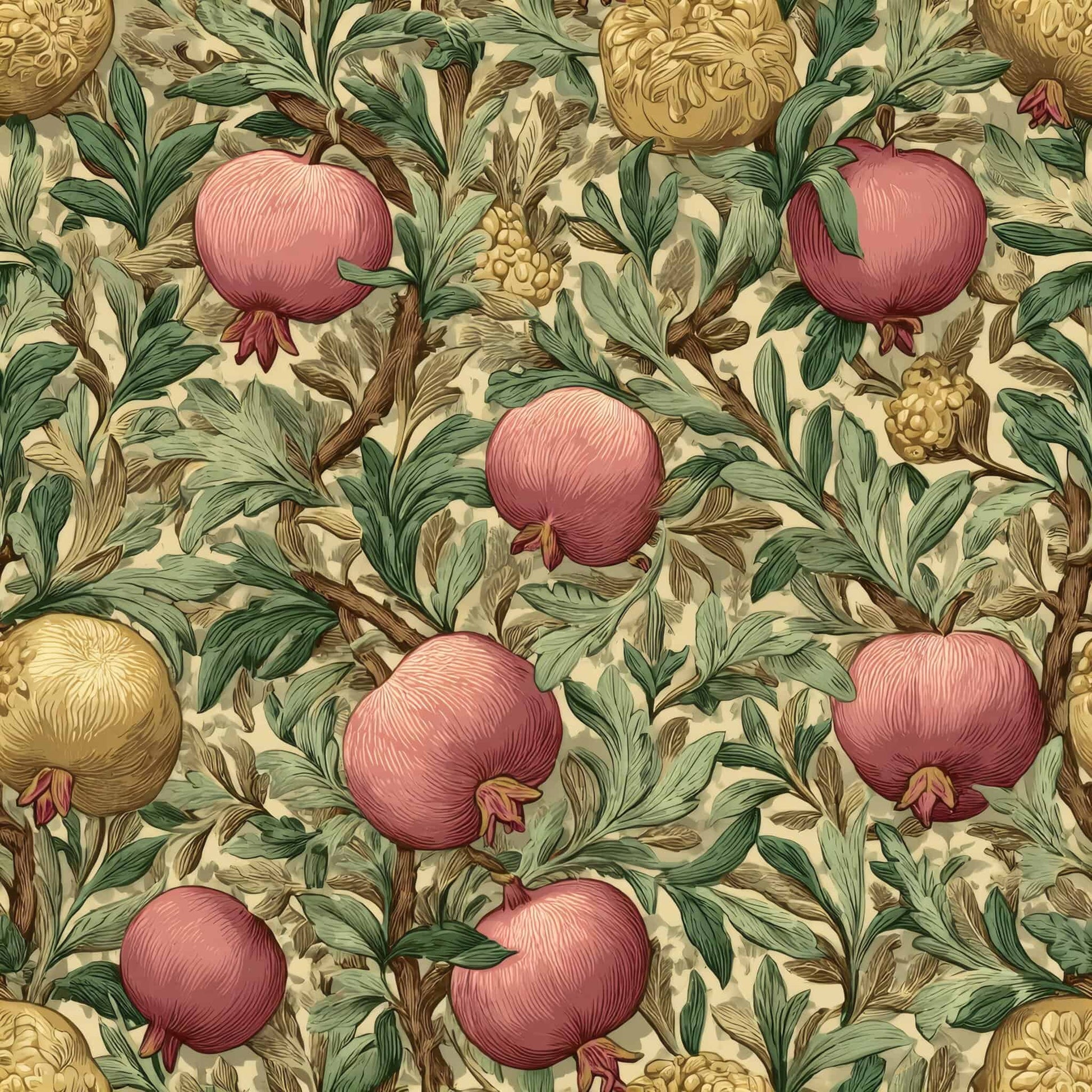 Botanical wallpaper with pomegranates and green leaves in earthy tones.