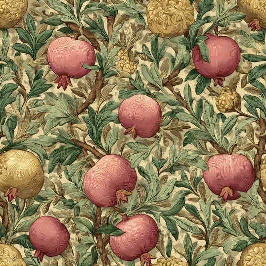 Botanical wallpaper with pomegranates and green leaves in earthy tones.