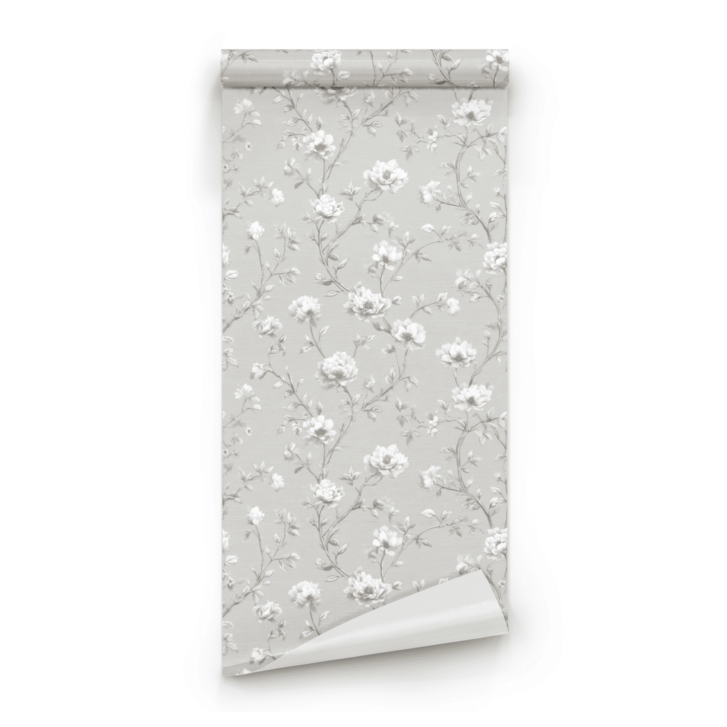 Grey Floral Wallpaper roll preview showing the chalky floral drawing in soft grey tonal handling