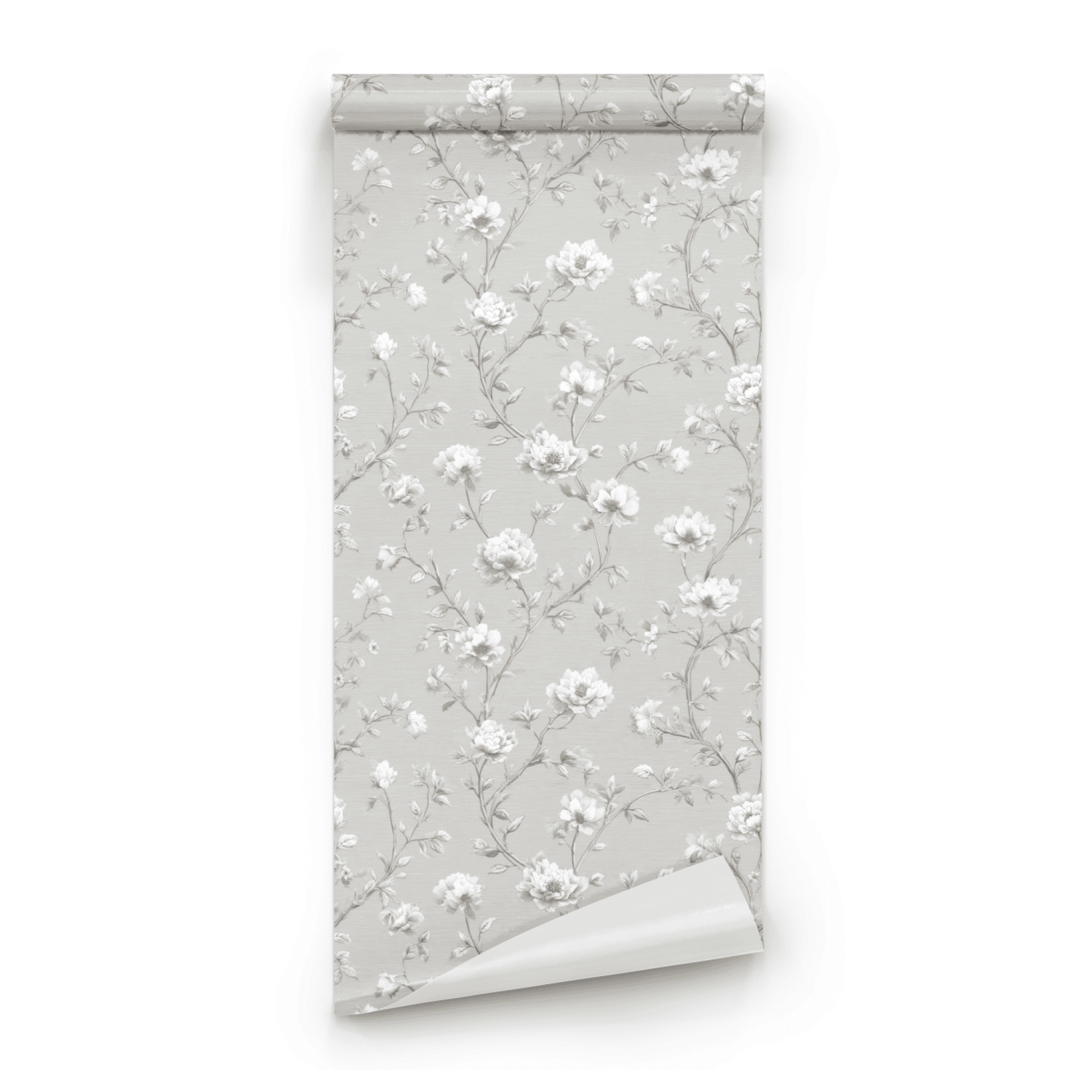 Grey Floral Wallpaper roll preview showing the chalky floral drawing in soft grey tonal handling