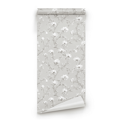 Grey Floral Wallpaper roll preview showing the chalky floral drawing in soft grey tonal handling