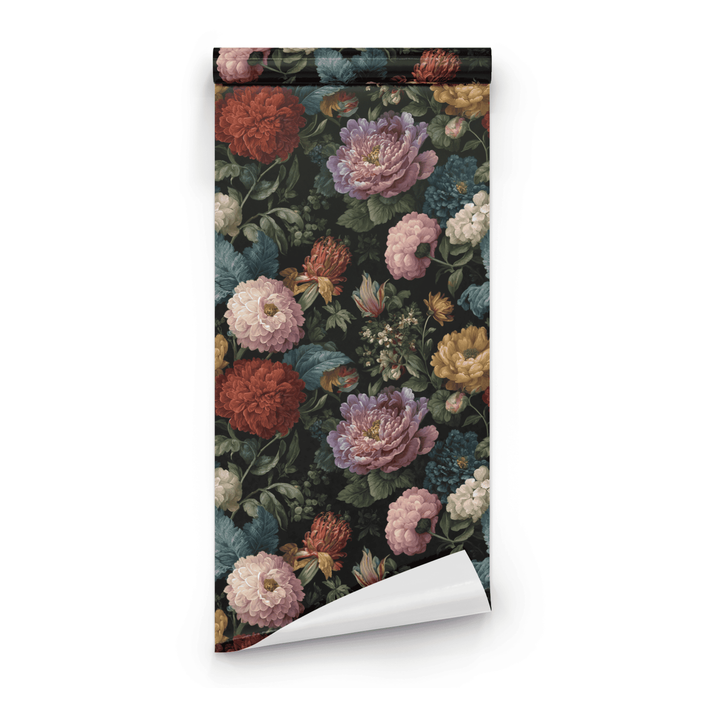 Black Floral Wallpaper roll close-up showing the petal floral drawing in moody Victorian handling on deep black