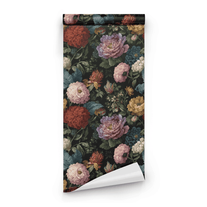 Black Floral Wallpaper roll close-up showing the petal floral drawing in moody Victorian handling on deep black
