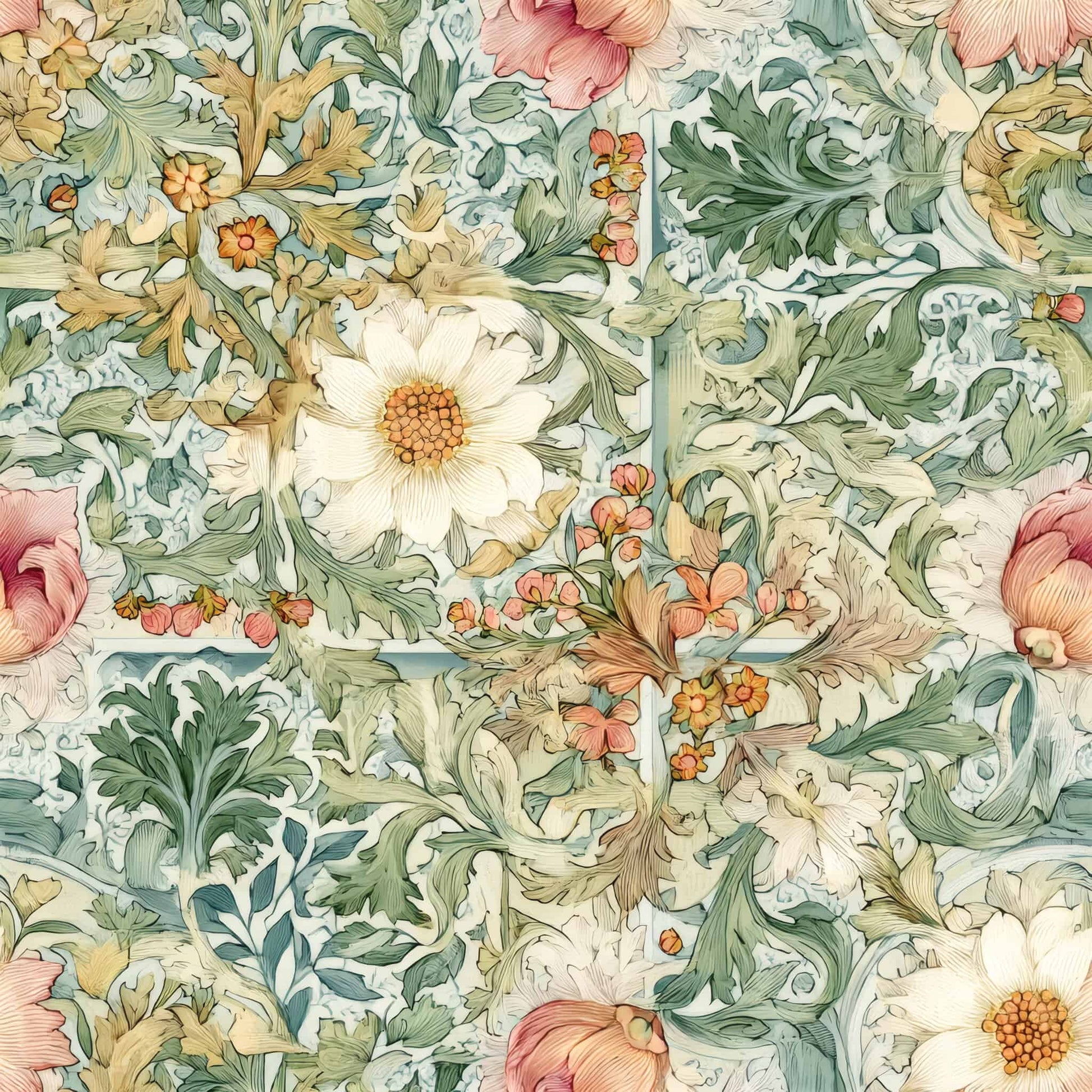 Intricate floral pattern wallpaper with soft pastel colors and elegant botanical design.
