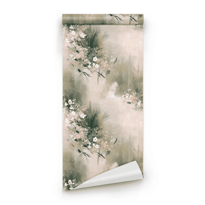 Green Floral Wallpaper roll close-up showing the watercolor daisy drawing in soft green tonal handling