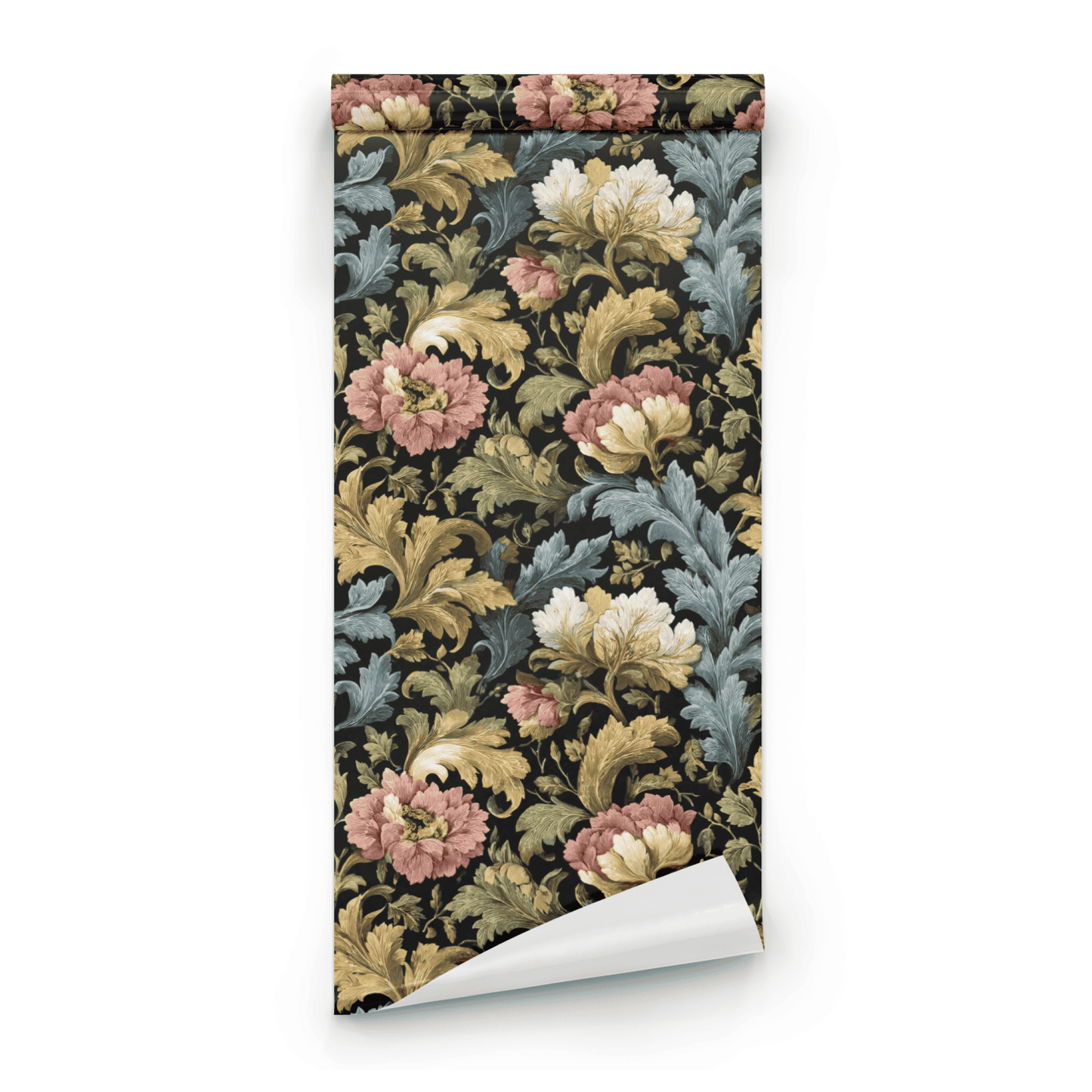 Black Floral Wallpaper roll close-up showing the acanthus leaf drawing with metallic gilt accents on the deep black ground