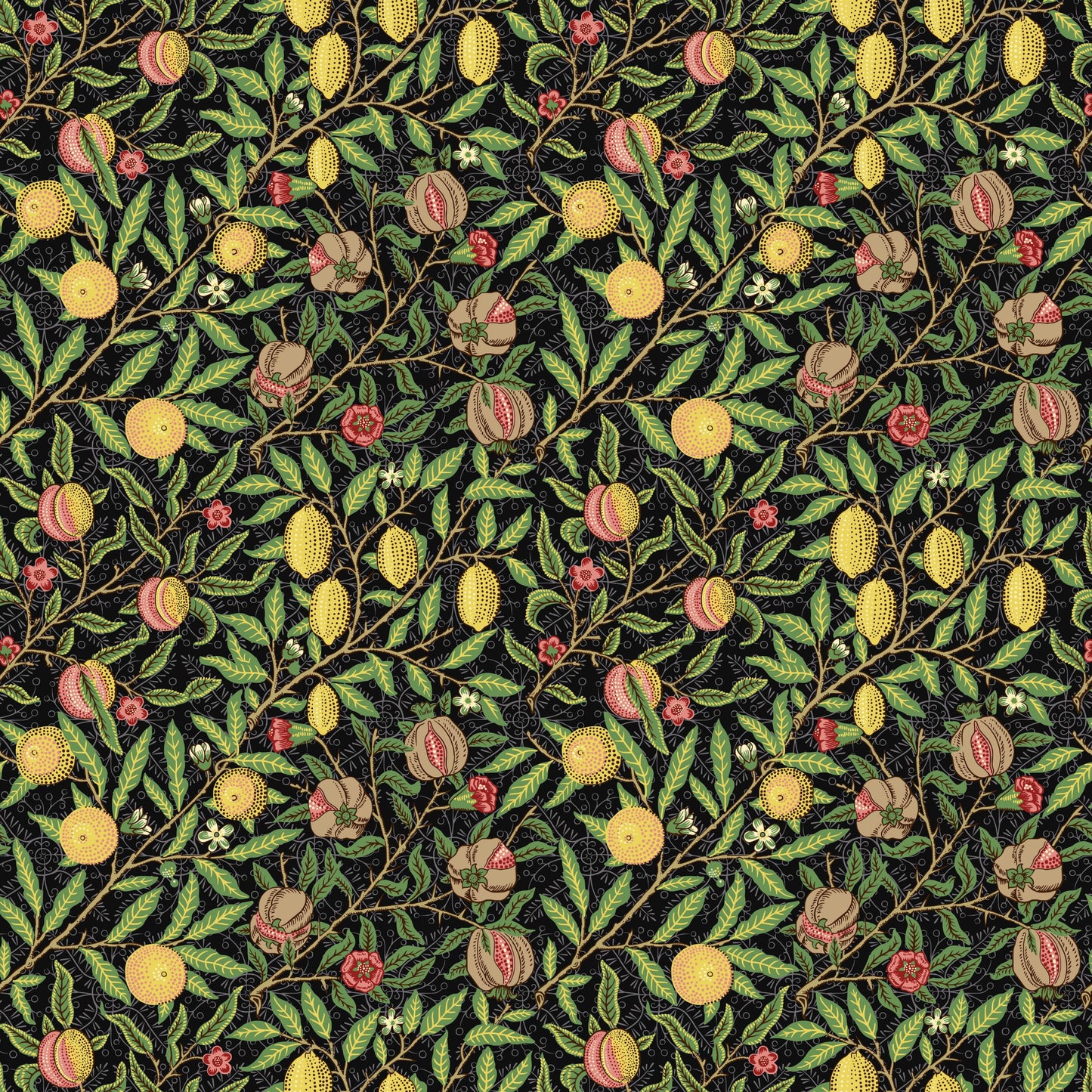 Black Botanical Wallpaper tile preview with the fruit pattern laid out across panels in dark botanical Victorian Morris handling