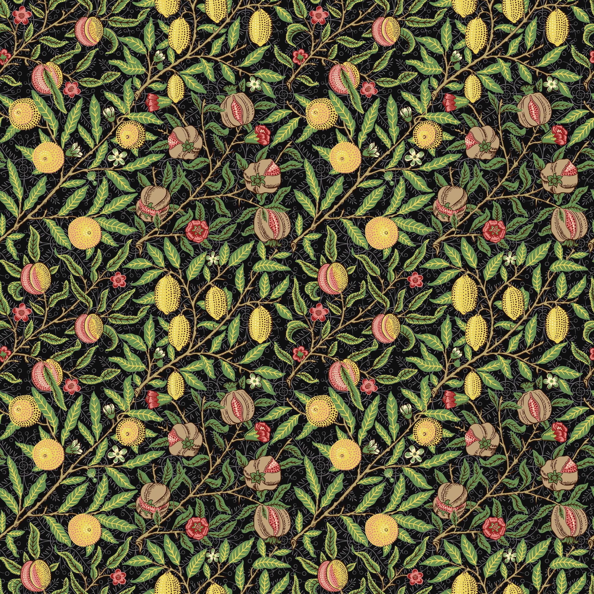 Black Botanical Wallpaper tile preview with the fruit pattern laid out across panels in dark botanical Victorian Morris handling