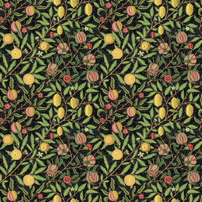 Black Botanical Wallpaper tile preview with the fruit pattern laid out across panels in dark botanical Victorian Morris handling