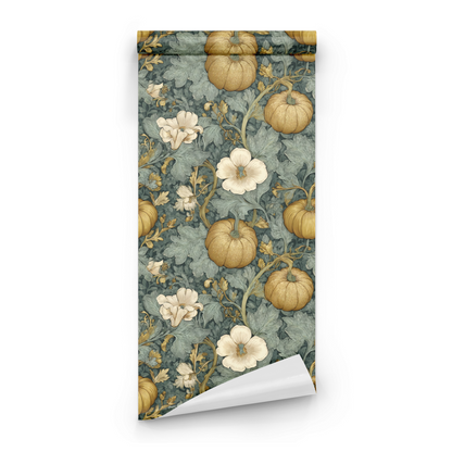 Green Botanical Wallpaper roll preview showing the gourd drawing in close verdant green Arts and Crafts detail
