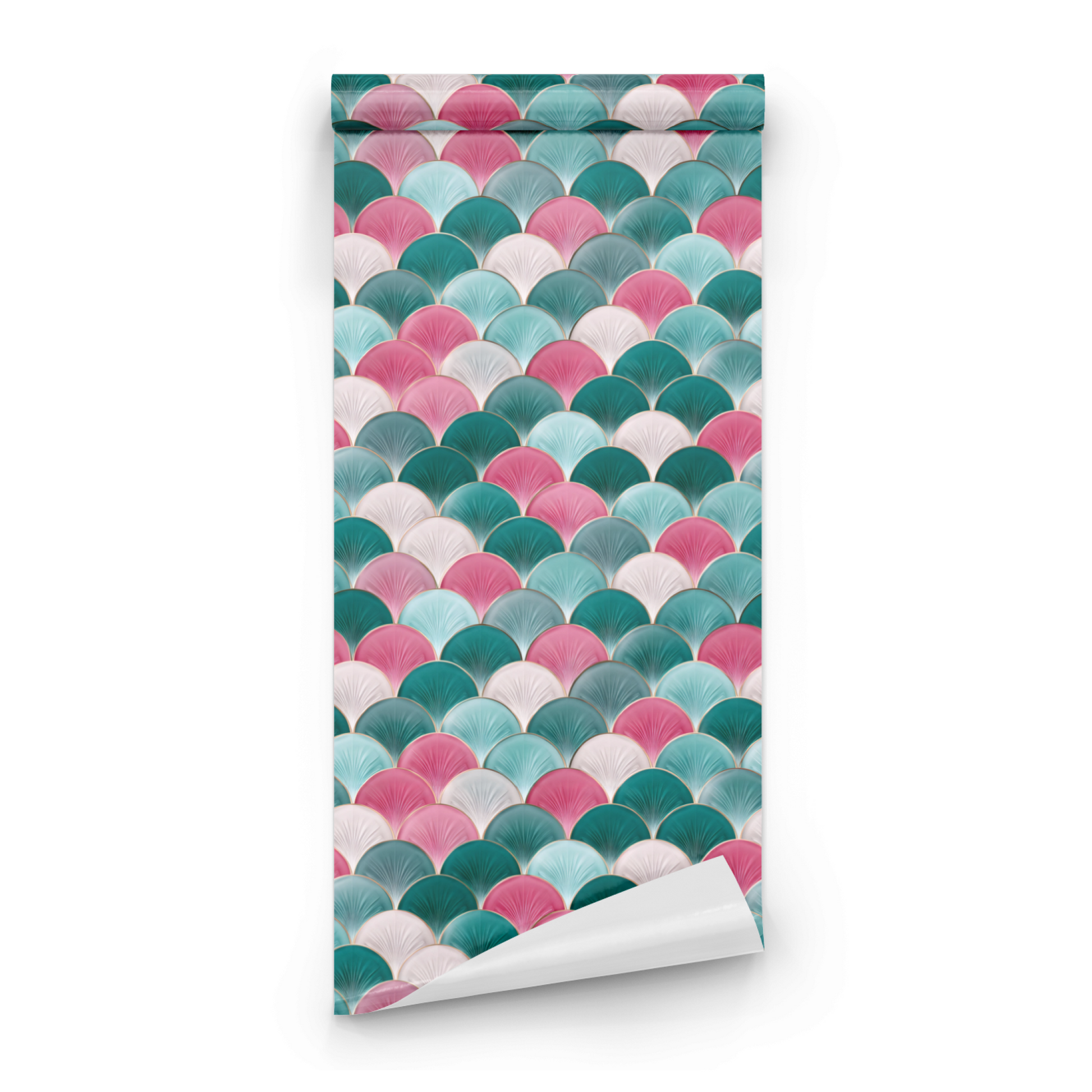 Pink Teal Geometric Wallpaper roll close-up showing the Art Deco fish-scale detail in close pink-teal-white line work