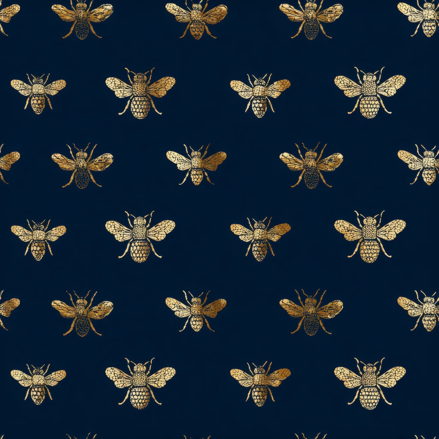 Blue Animal Print Wallpaper tile preview with the bee-and-blue pattern laid out across panels in metallic bronze handling