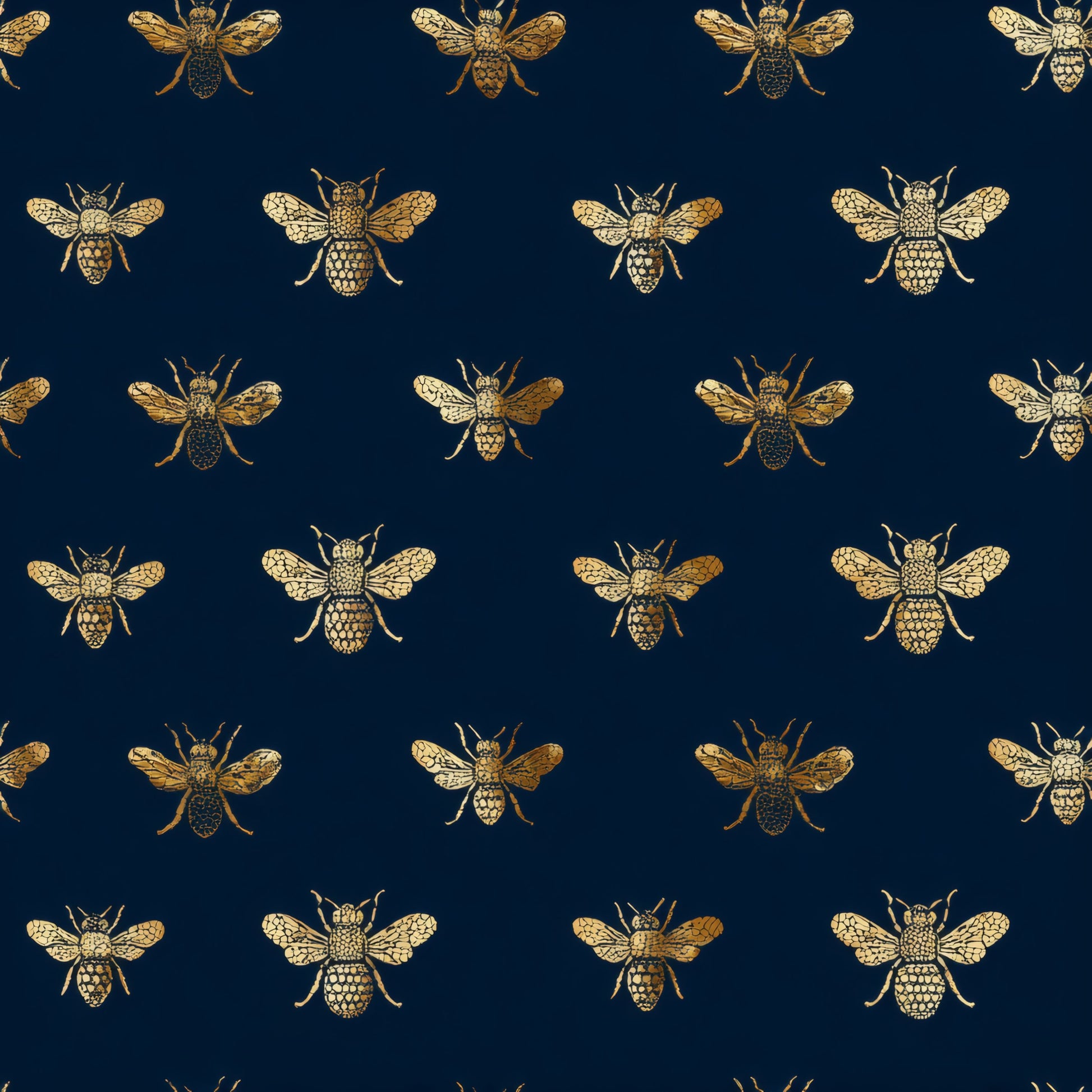Blue Animal Print Wallpaper tile preview with the bee-and-blue pattern laid out across panels in metallic bronze handling