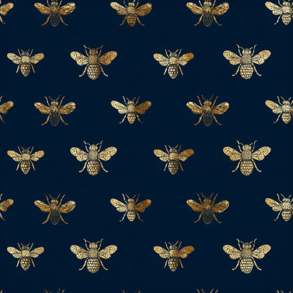 Blue Animal Print Wallpaper tile preview with the bee-and-blue pattern laid out across panels in metallic bronze handling