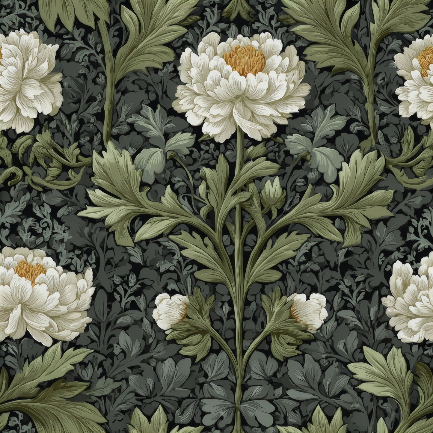 Engraved Peony | Green Floral Wallpaper - Tile Pattern