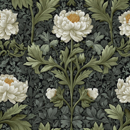 Engraved Peony | Green Floral Wallpaper - Tile Pattern