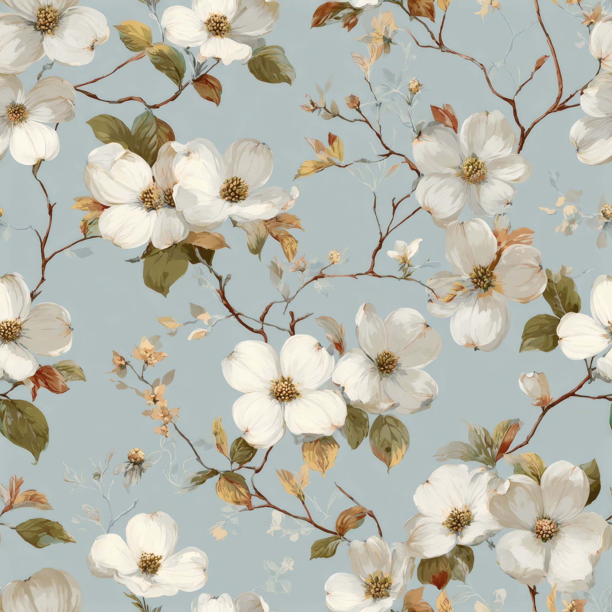 Creamy Dogwood | Blue Floral Wallpaper - Tile Pattern