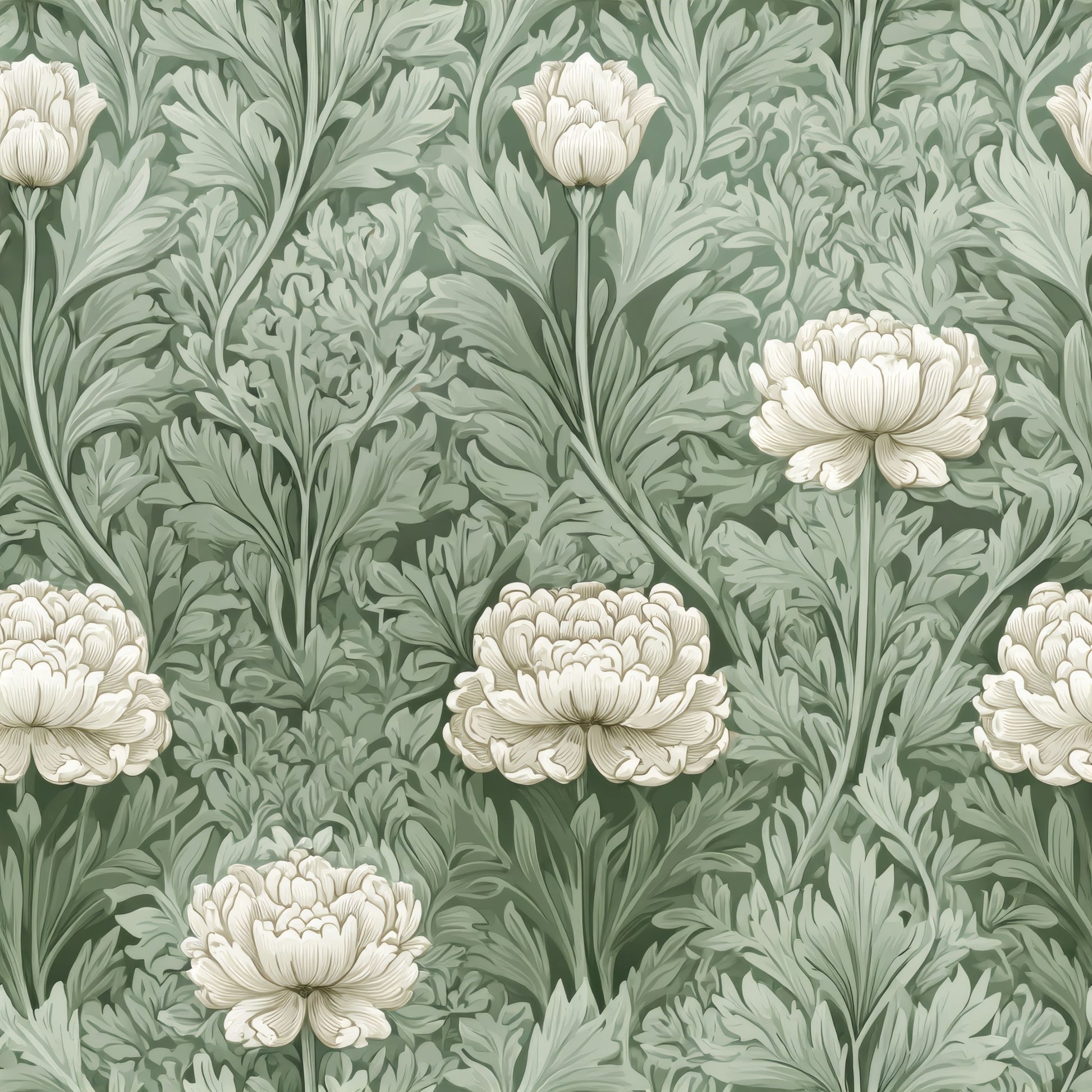 Green Floral Wallpaper tile preview with the peony repeat laid out across panels in soft celadon