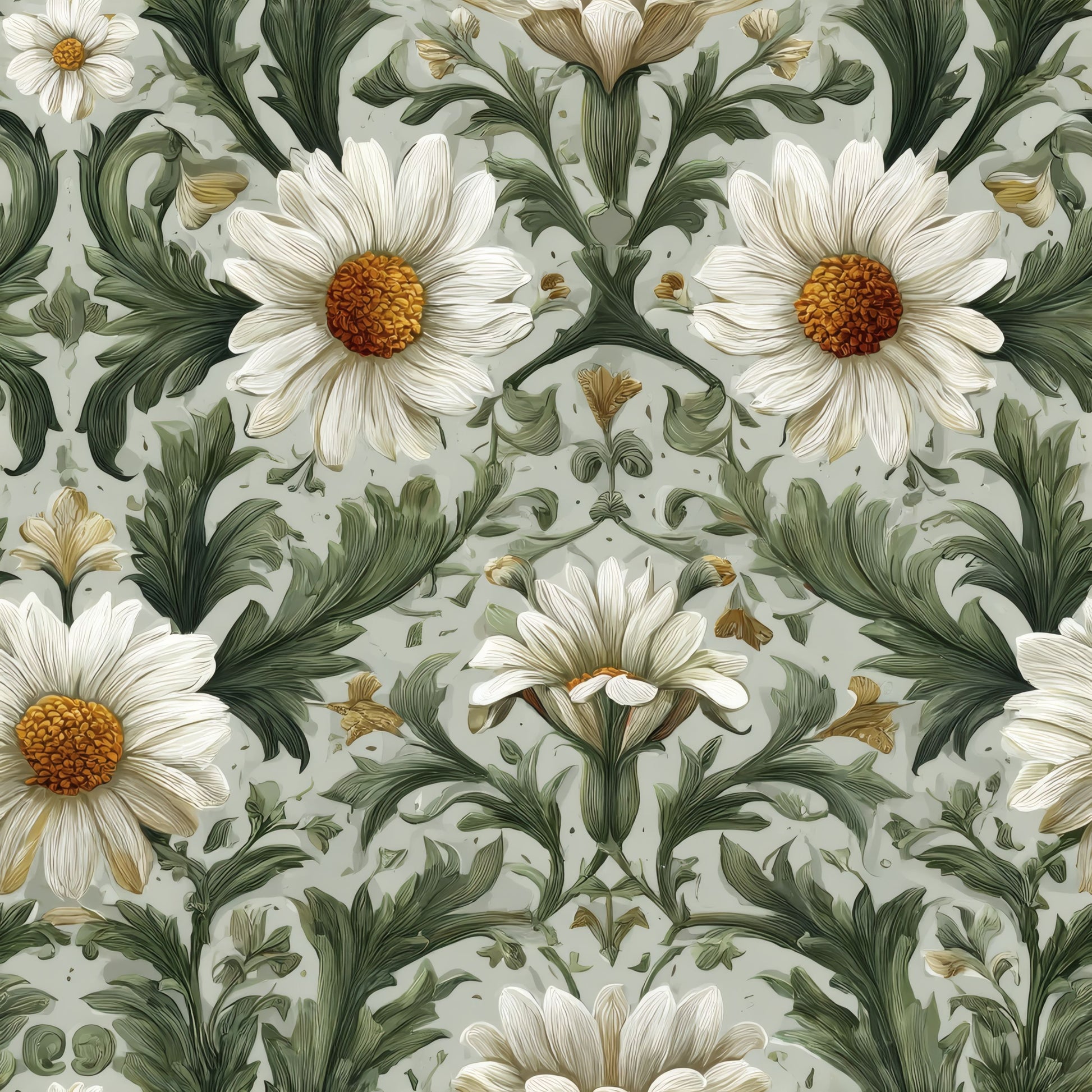 Green Floral Wallpaper tile preview with the gerbera pattern laid out across panels in verdant green Arts and Crafts handling