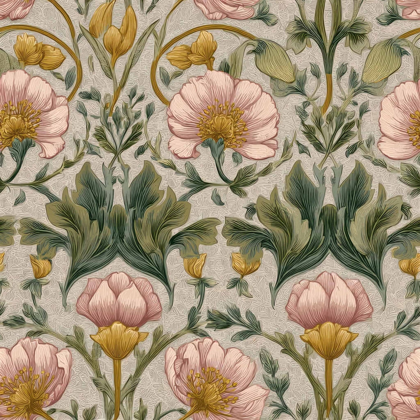 Wallpaper with large pink and yellow flowers, green leaves on a beige background.