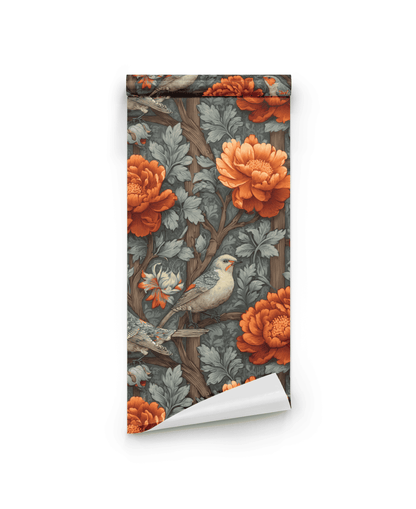 Auburn Bloom Wallpaper features orange flowers, green leaves, and birds perched on branches set against a dark background, blending natural elegance with timeless botanical style.