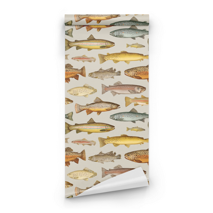 Neutral Sea Life Wallpaper roll preview showing the fish drawing in close earth-tone aquatic detail