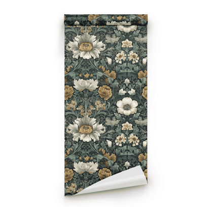 Green Floral Wallpaper roll close-up showing the primrose floral drawing in green-and-ebony Arts and Crafts handling