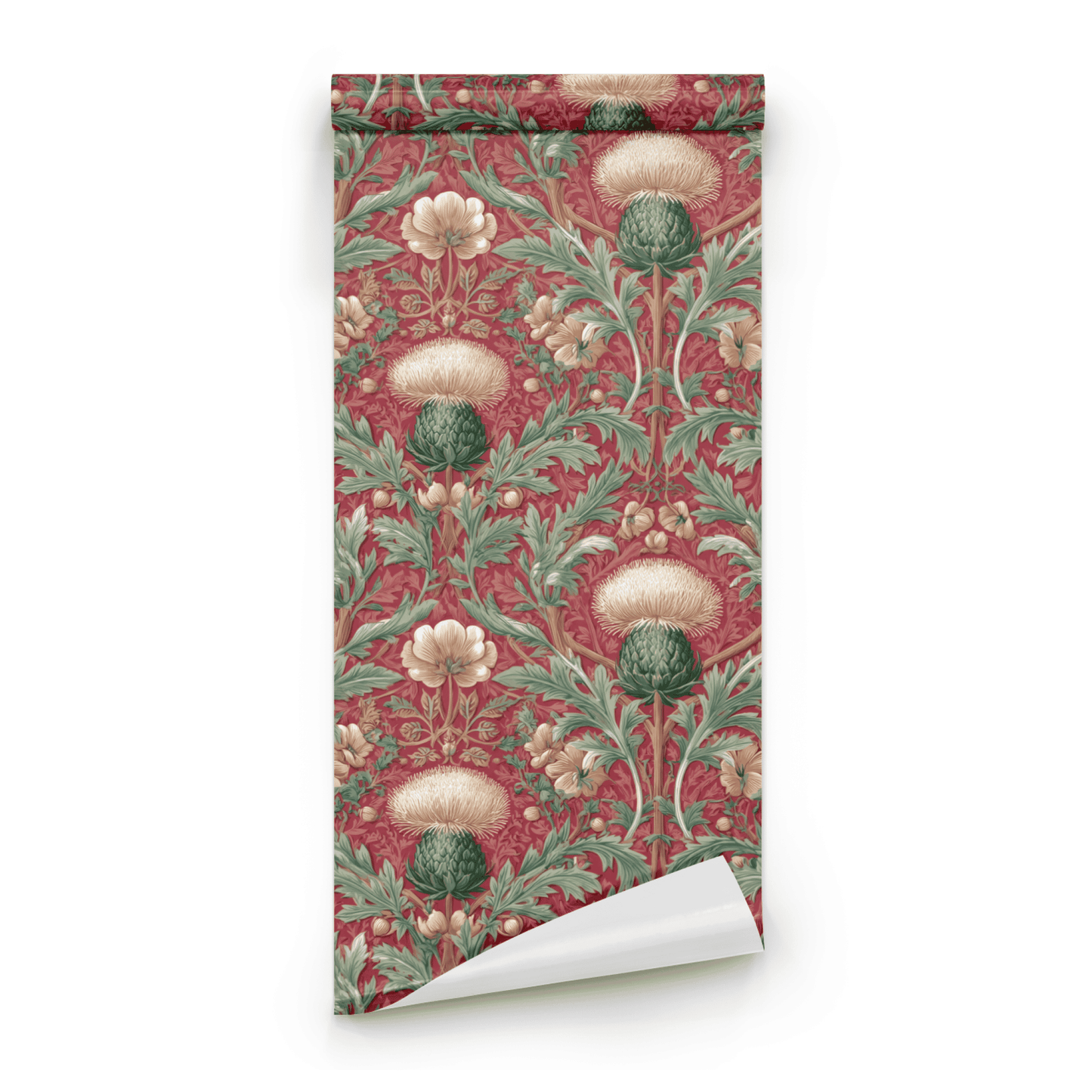 Red Floral Wallpaper roll preview showing the thistle botanical drawing in deep red moody Arts and Crafts detail