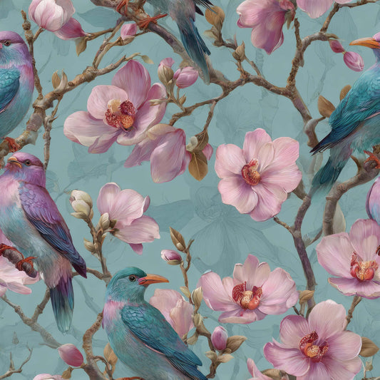 Wallpaper featuring colorful birds and pink blossoms on a teal background.