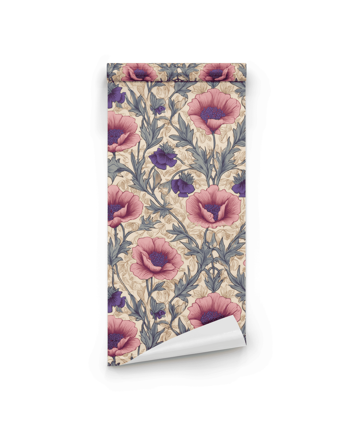 Blossom Reverie Wallpaper features large red and purple floral motifs with green leaves on a beige background, perfect for adding timeless elegance to any space.