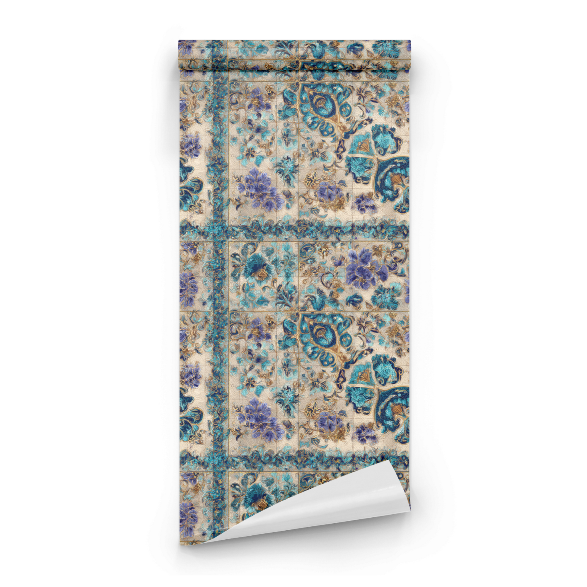 Green Floral Wallpaper roll close-up showing the filigree drawing and the green floral detail with cobalt accents in fine line work
