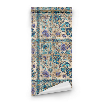 Green Floral Wallpaper roll close-up showing the filigree drawing and the green floral detail with cobalt accents in fine line work