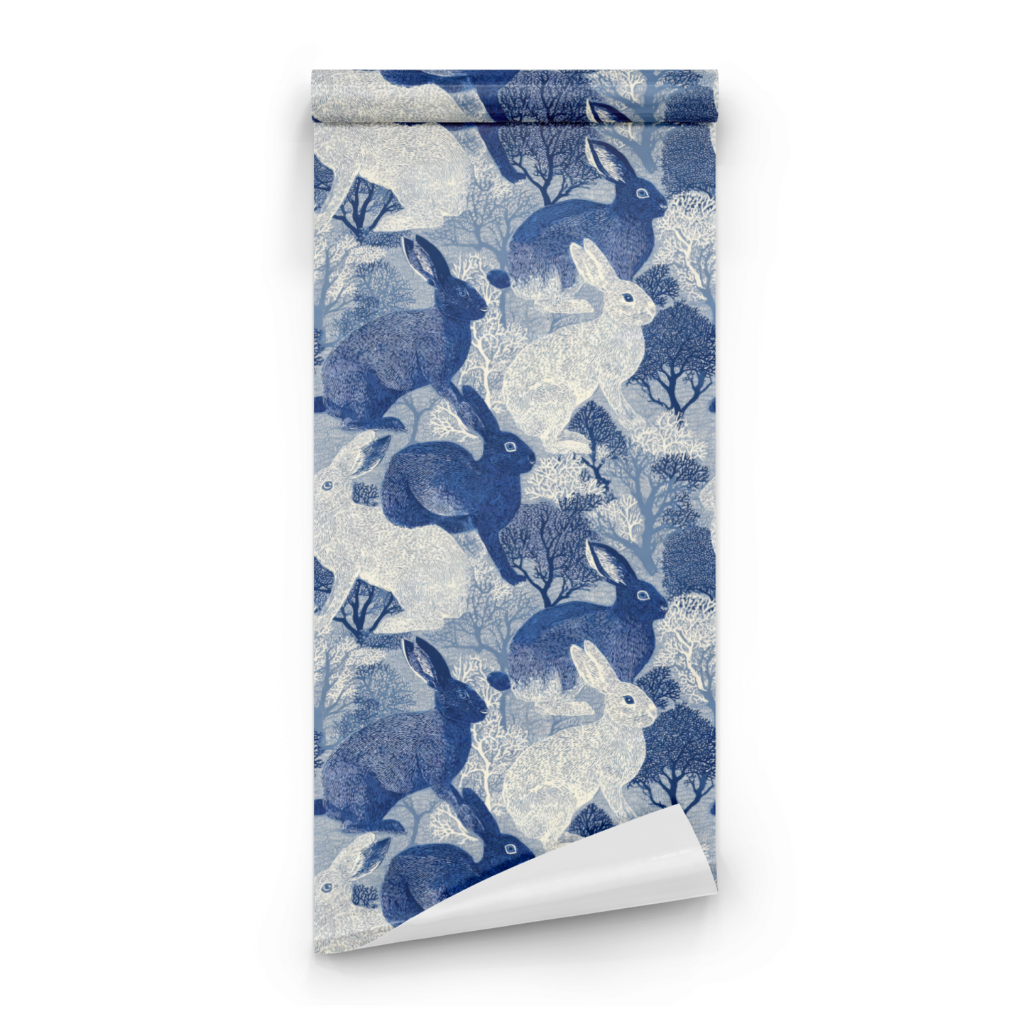 Cerulean Woodland Hare | Blue Forest Animal Print - Roll Preview