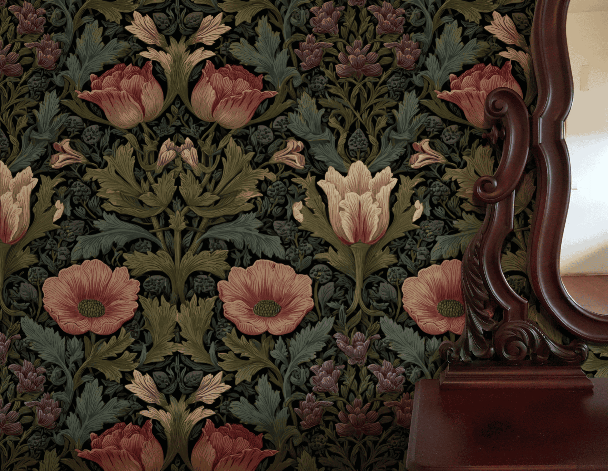 The Eternal Blossom Wallpaper features dark florals with red and cream poppies and leafy patterns, bringing vintage charm that's partially reflected in a wooden framed mirror on the right.