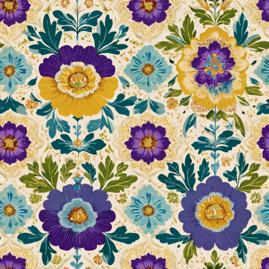 Wallpaper with colorful blue, purple, and yellow floral patterns on a cream background.