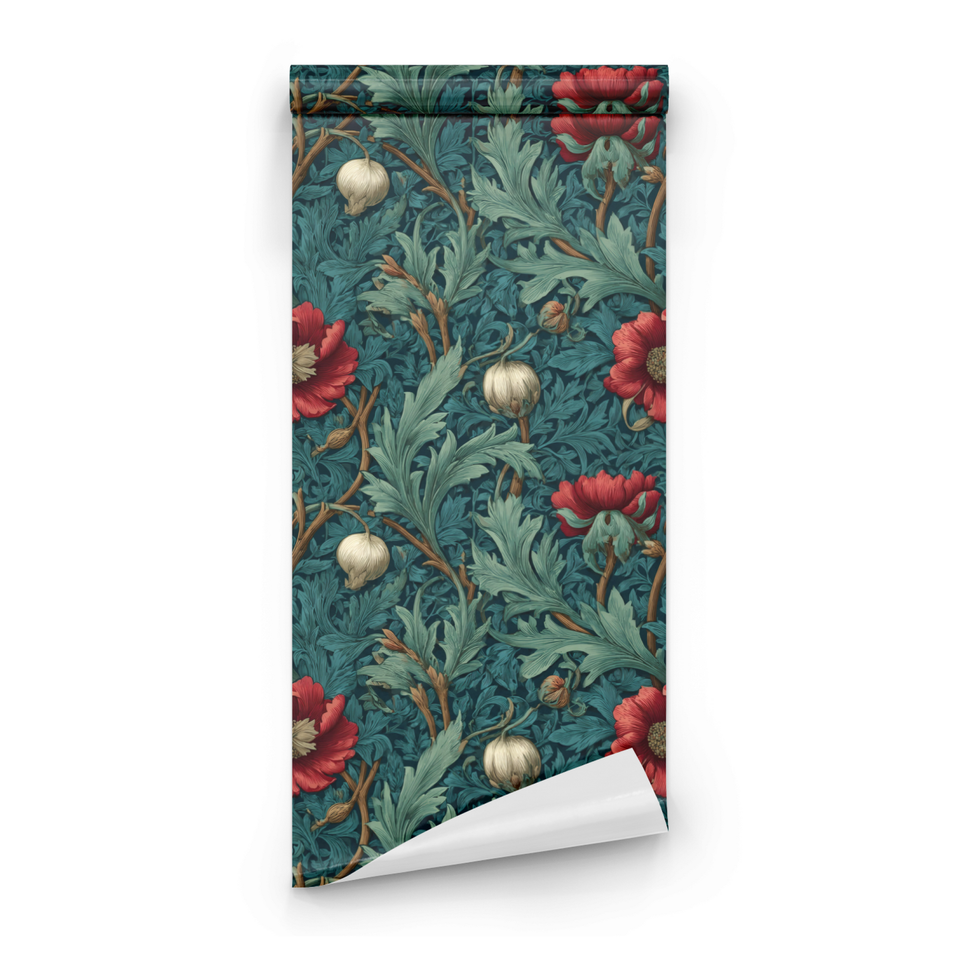 Green Floral Wallpaper roll preview showing the moody floral drawing in close deep teal Arts and Crafts dark botanical detail