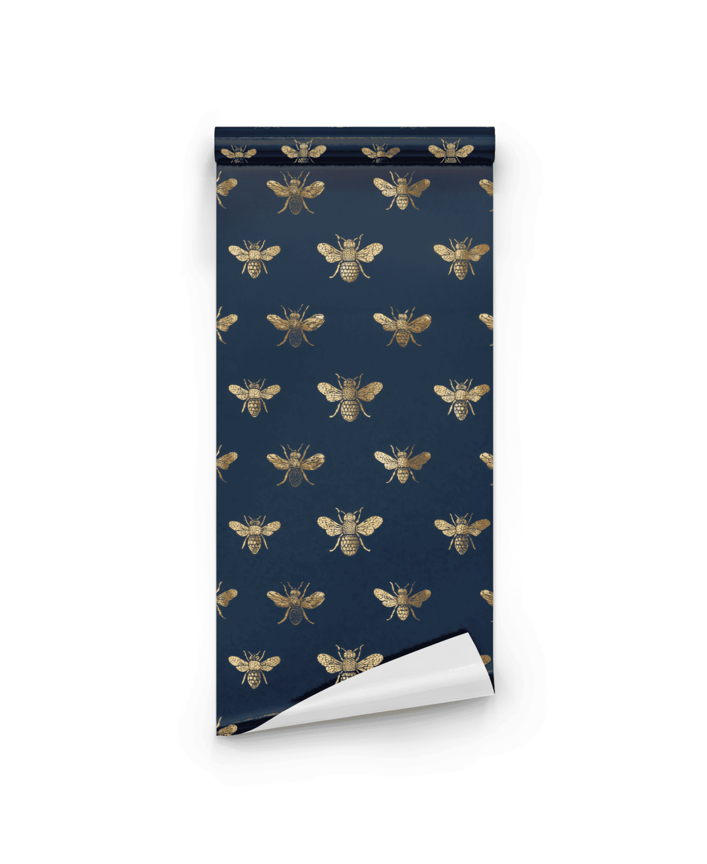 Golden Hive Wallpaper features a repeating gold bee pattern on a dark blue background, ideal for adding luxurious ambiance and elegant decor to any room.