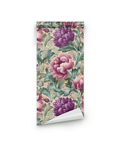 Peony Garden Wallpaper showcases large purple and pink peonies with green leaves on a light background. Its slightly curled edge brings romantic elegance to any space.