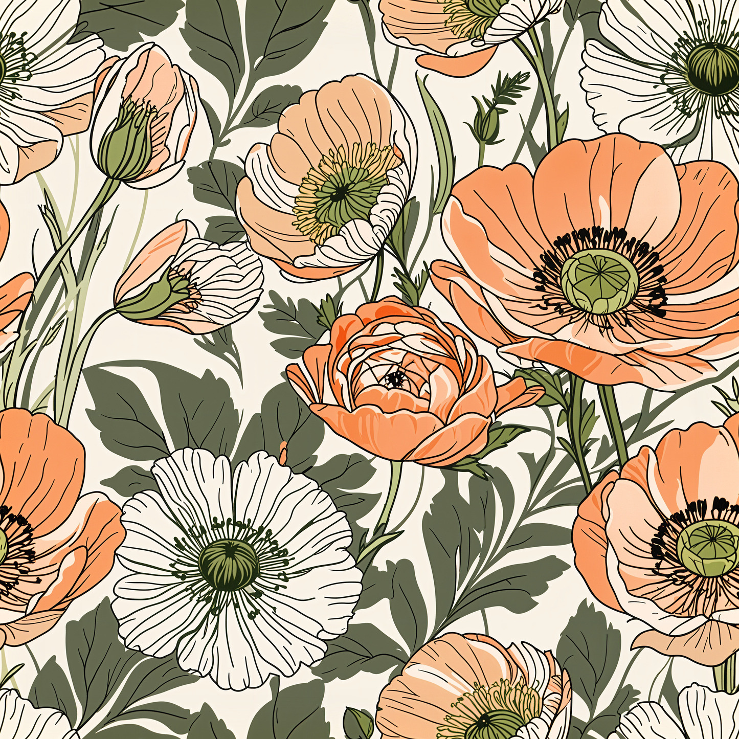 Art Nouveau Coral Flora Wallpaper