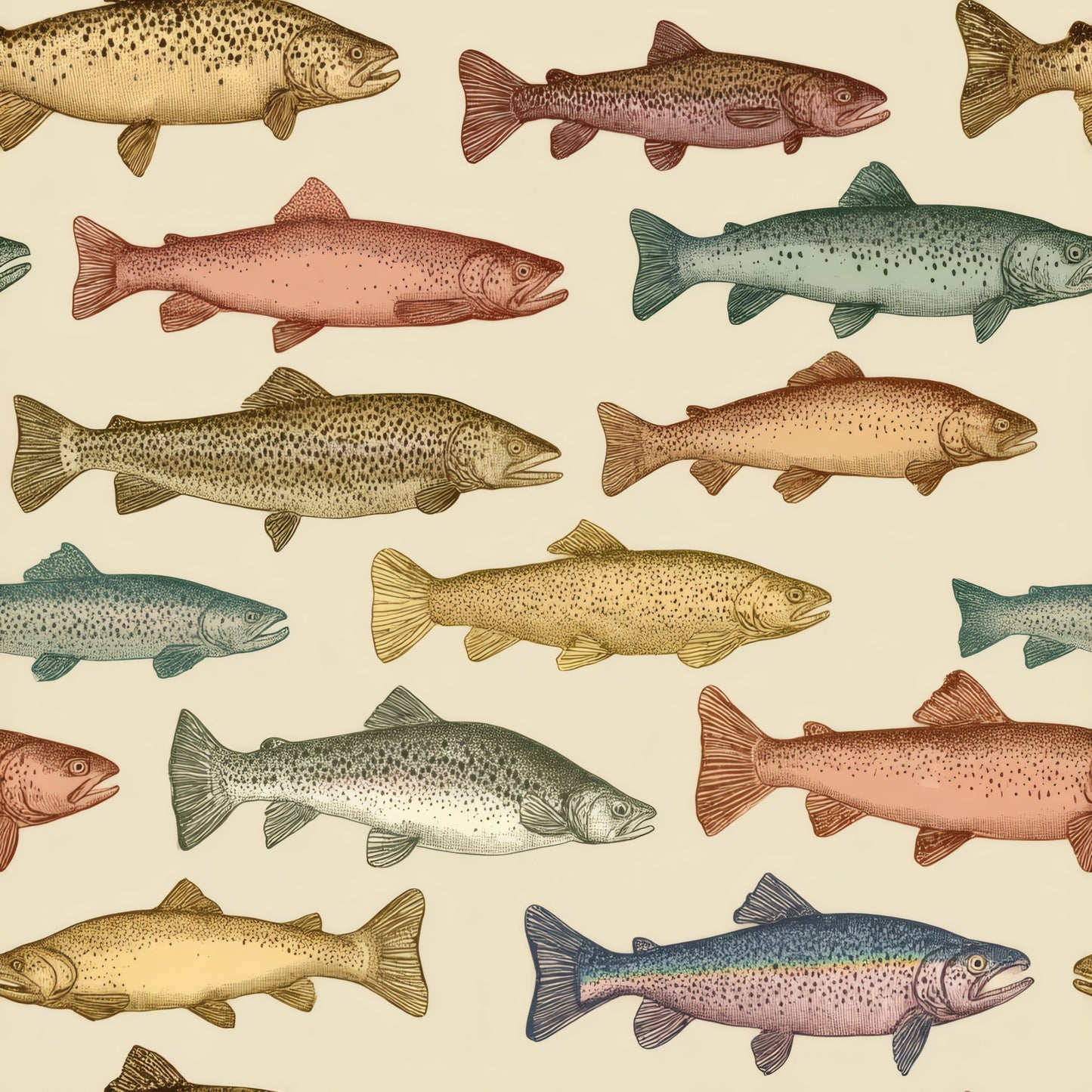 Colorful Fish Pattern Wallpaper tile preview with the harmony pattern laid out across panels in colorful trout aquatic handling