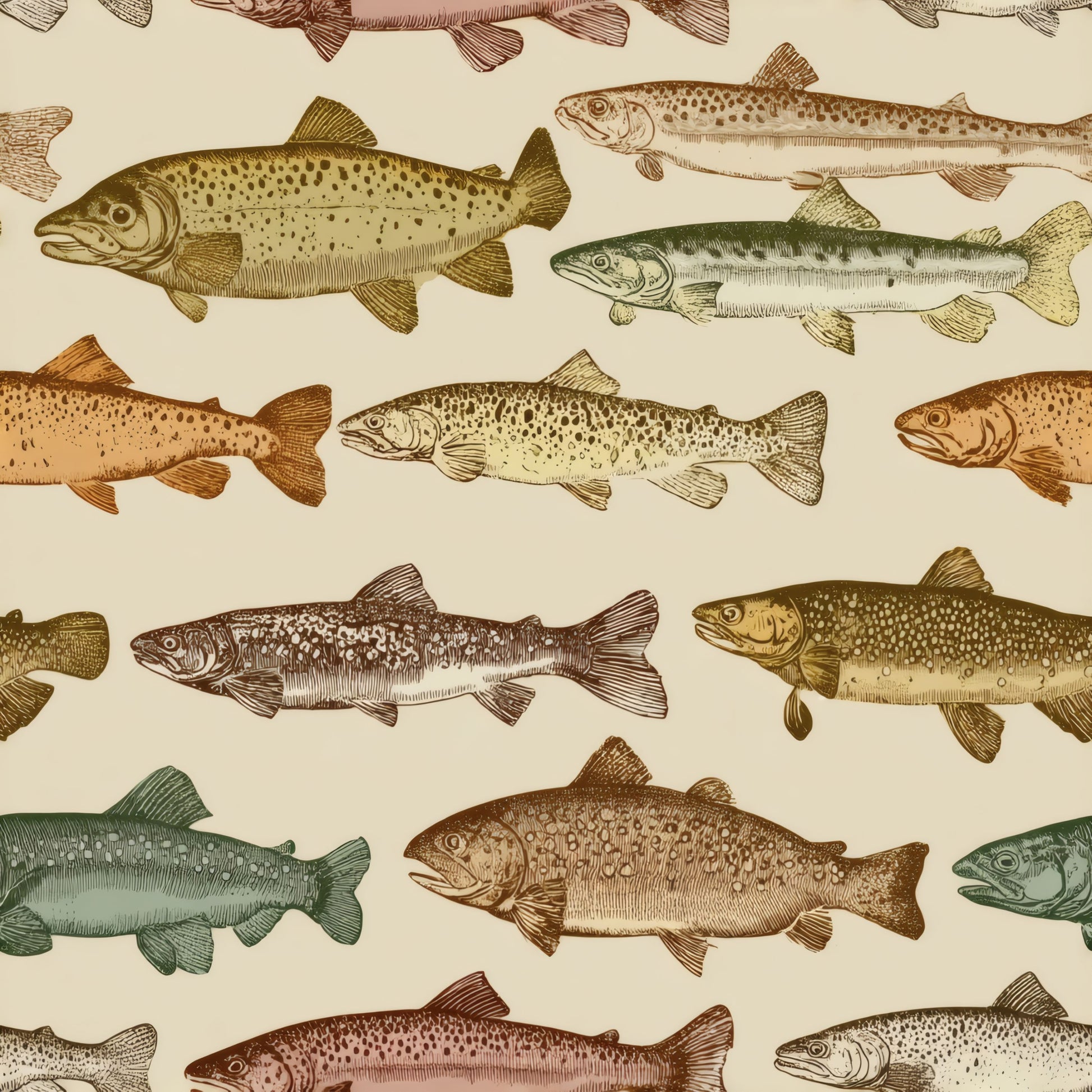 Neutral Fish Pattern Wallpaper tile preview with the serenade pattern laid out across panels in neutral earth-tone nautical handling