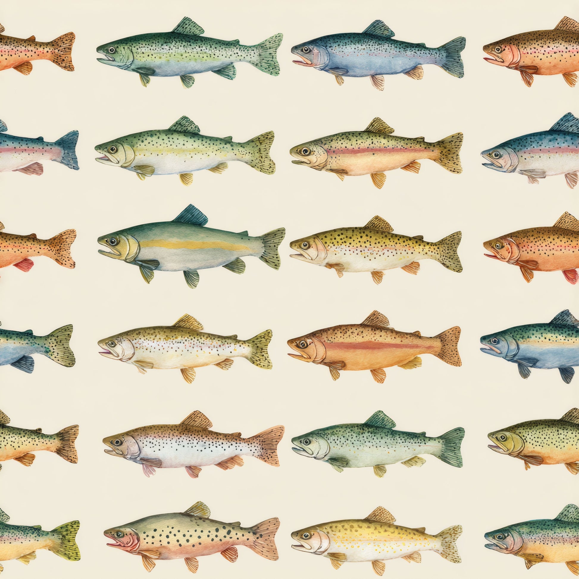 Nature Wallpaper tile preview with the trout pattern laid out across panels in neutral watercolor coastal handling