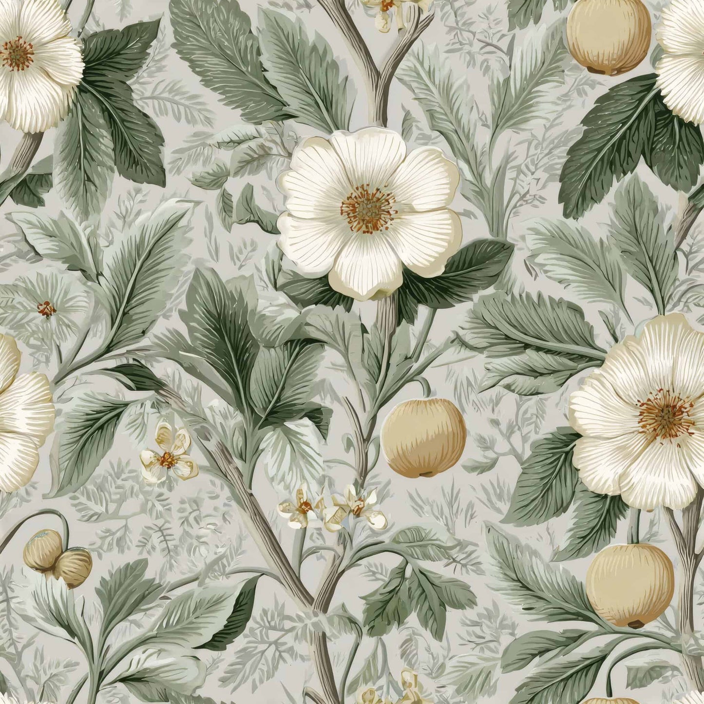 Floral wallpaper with green leaves and cream flowers on a soft background.