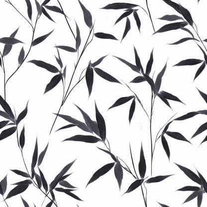 Monochrome wallpaper with elegant black bamboo leaves on a white background.