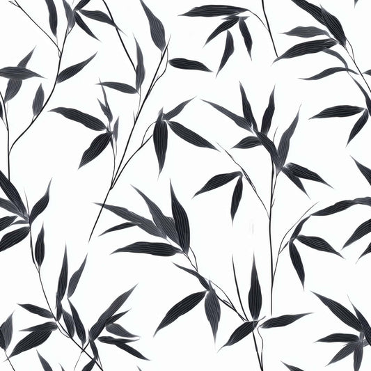 Monochrome wallpaper with elegant black bamboo leaves on a white background.