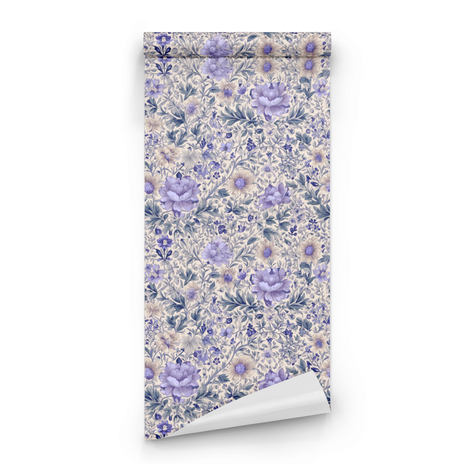 Cream Floral Wallpaper roll preview showing the snakeshead fritillary drawing in cream-and-indigo Arts and Crafts detail