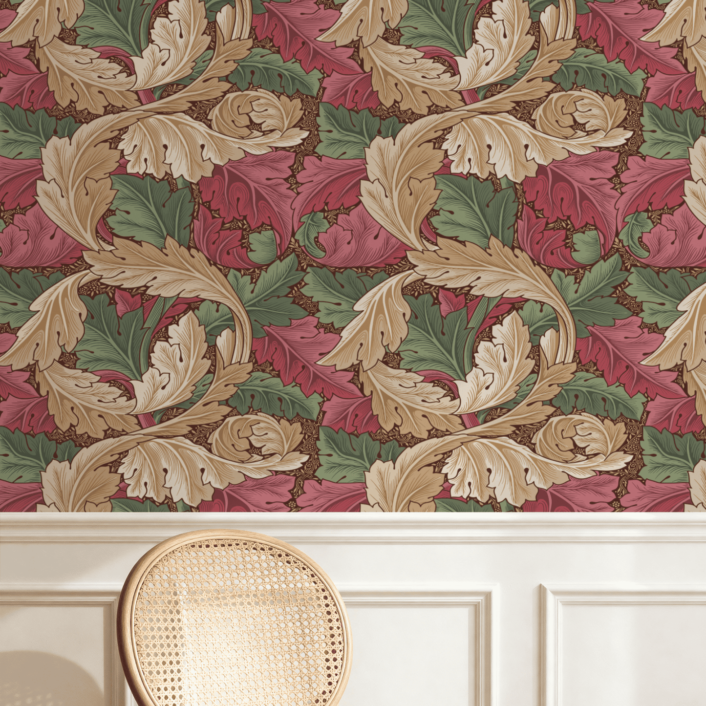 Red Botanical Wallpaper installed on a room wall with the 1875 Morris acanthus design in deep heritage red