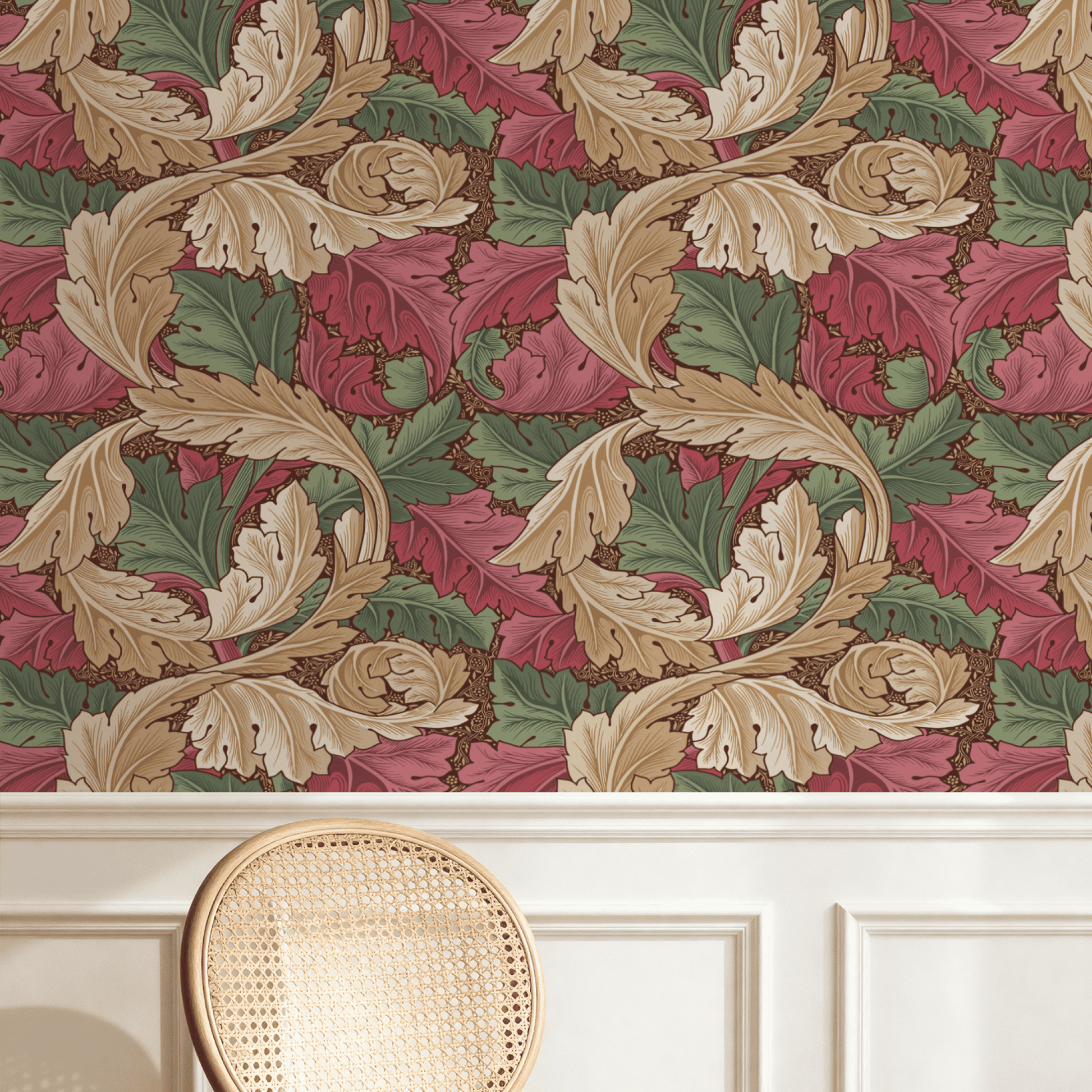 Red Botanical Wallpaper installed on a room wall with the 1875 Morris acanthus design in deep heritage red