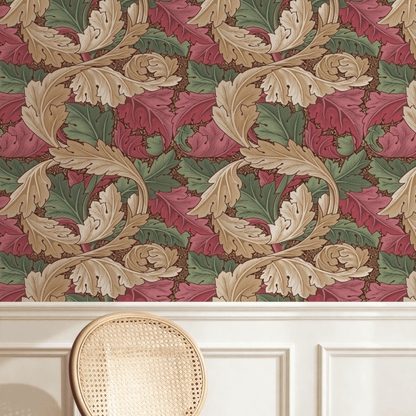 Red Botanical Wallpaper installed on a room wall with the 1875 Morris acanthus design in deep heritage red